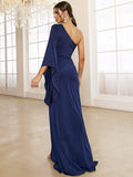 Asymmetrical One Long Sleeve Sleek Fit Navy Blue Formal Dress