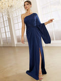 Asymmetrical One Long Sleeve Sleek Fit Navy Blue Formal Dress