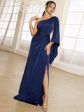 Asymmetrical One Long Sleeve Sleek Fit Navy Blue Formal Dress