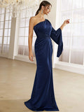 Asymmetrical One Long Sleeve Sleek Fit Navy Blue Formal Dress