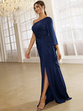 Asymmetrical One Long Sleeve Sleek Fit Navy Blue Formal Dress