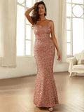 Sparkling Slim Fit Rose Gold Backless Sequin Prom Dress