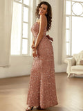 Sparkling Slim Fit Rose Gold Backless Sequin Prom Dress