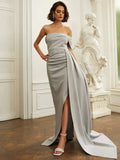 Asymmetrical Floor-Length Train Gray Prom Dress