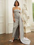 Asymmetrical Floor-Length Train Gray Prom Dress