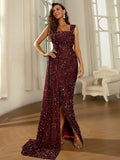 Dramatic Train Burgundy Sequin Dress with High Slit