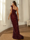 Dramatic Train Burgundy Sequin Dress with High Slit