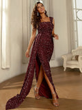 Dramatic Train Burgundy Sequin Dress with High Slit