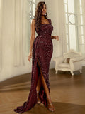 Dramatic Train Burgundy Sequin Dress with High Slit