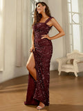 Dramatic Train Burgundy Sequin Dress with High Slit