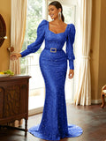 Long Sleeve Royal Blue Sequin Belt Party Dress