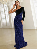 Unique Velvet Sleeve Asymmetric Blue Sequin Party Dress