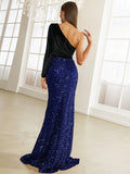 Unique Velvet Sleeve Asymmetric Blue Sequin Party Dress