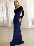 Unique Velvet Sleeve Asymmetric Blue Sequin Party Dress