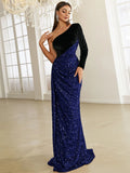 Unique Velvet Sleeve Asymmetric Blue Sequin Party Dress