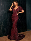 Puff Sleeves V-Neck Burgundy Sequin Party Dress