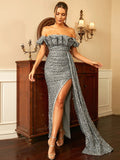 Ruffled Off-Shoulder Silver Evening Dress With Slit