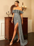 Ruffled Off-Shoulder Silver Evening Dress With Slit