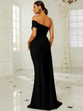 Asymmetric Neckline Green Draped Floor-Length Party Dress