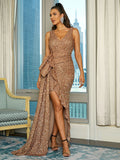 High-Low Hem Bow V-Neck Rose Gold Sequin Prom Dress