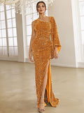 Asymmetric Sleeve Side Slit Gold Sequin Formal Dress