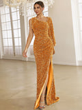 Asymmetric Sleeve Side Slit Gold Sequin Formal Dress