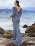 Puffy Sleeves Deep V-Neck Bow Back  Sequin Formal Dress