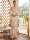 Sequin-Embellished Full-Length Long Sleeve Formal Dress