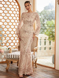 Sequin-Embellished Full-Length Long Sleeve Formal Dress