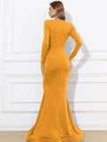 Mustard Yellow V-Neck Figure-Flattering Party Dress