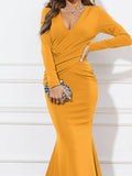 Mustard Yellow V-Neck Figure-Flattering Party Dress