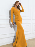 Mustard Yellow V-Neck Figure-Flattering Party Dress