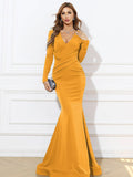 Mustard Yellow V-Neck Figure-Flattering Party Dress