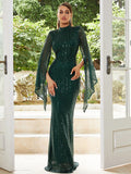 Dramatic Cape Sleeves Black Sequin Evening Dress