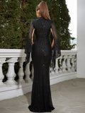 Dramatic Cape Sleeves Black Sequin Evening Dress