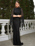 Dramatic Cape Sleeves Black Sequin Evening Dress