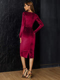 Alluring Burgundy Velvet Long Sleeve Midi Dress