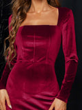 Alluring Burgundy Velvet Long Sleeve Midi Dress