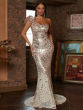 Sequin Figure-Hugging Fit Champagne Prom Dress