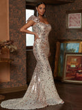 Sequin Figure-Hugging Fit Champagne Prom Dress