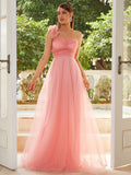 Blush Pink Floor-Length Flower Tulle Party Dress