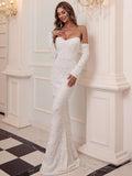 Sweetheart White Sequin Long Sleeve Party Formal Dress