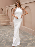 Body-Hugging Fit  Beaded Drapes High-Neck White Dress