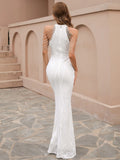 Body-Hugging Fit  Beaded Drapes High-Neck White Dress