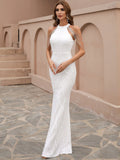 Body-Hugging Fit  Beaded Drapes High-Neck White Dress