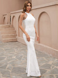 Body-Hugging Fit  Beaded Drapes High-Neck White Dress