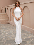 Body-Hugging Fit  Beaded Drapes High-Neck White Dress