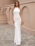 Body-Hugging Fit  Beaded Drapes High-Neck White Dress