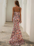 High Slit Strapless Sequin Vibrant Pattern Evening Dress