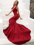 V Neckline Deep Red Mermaid Party Dress